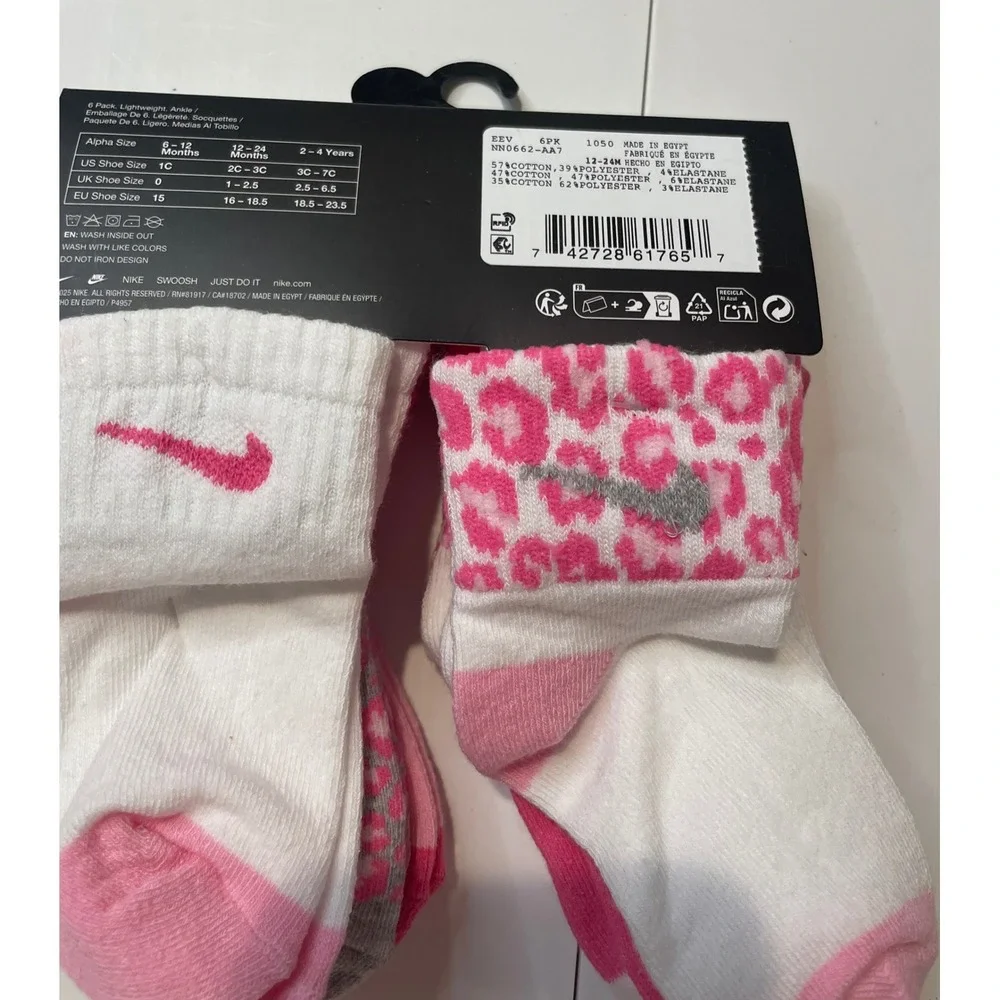 Nike 6 Pack Lightweight Ankle Socks Infant Toddler Pink Leopard Print NN0662-AA7